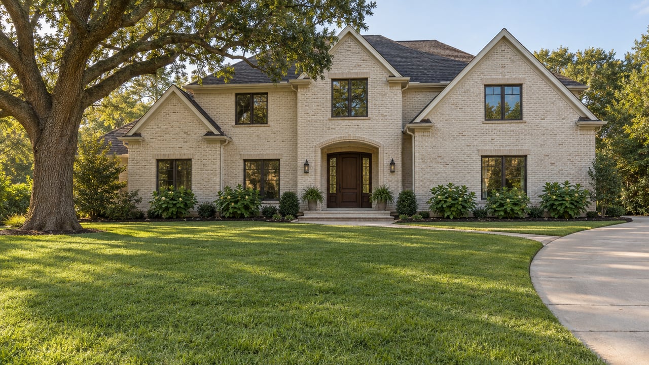 A substantial pale-brick home with dark gabled roofs, a deep green front lawn, curved driveway and mature spreading oak.