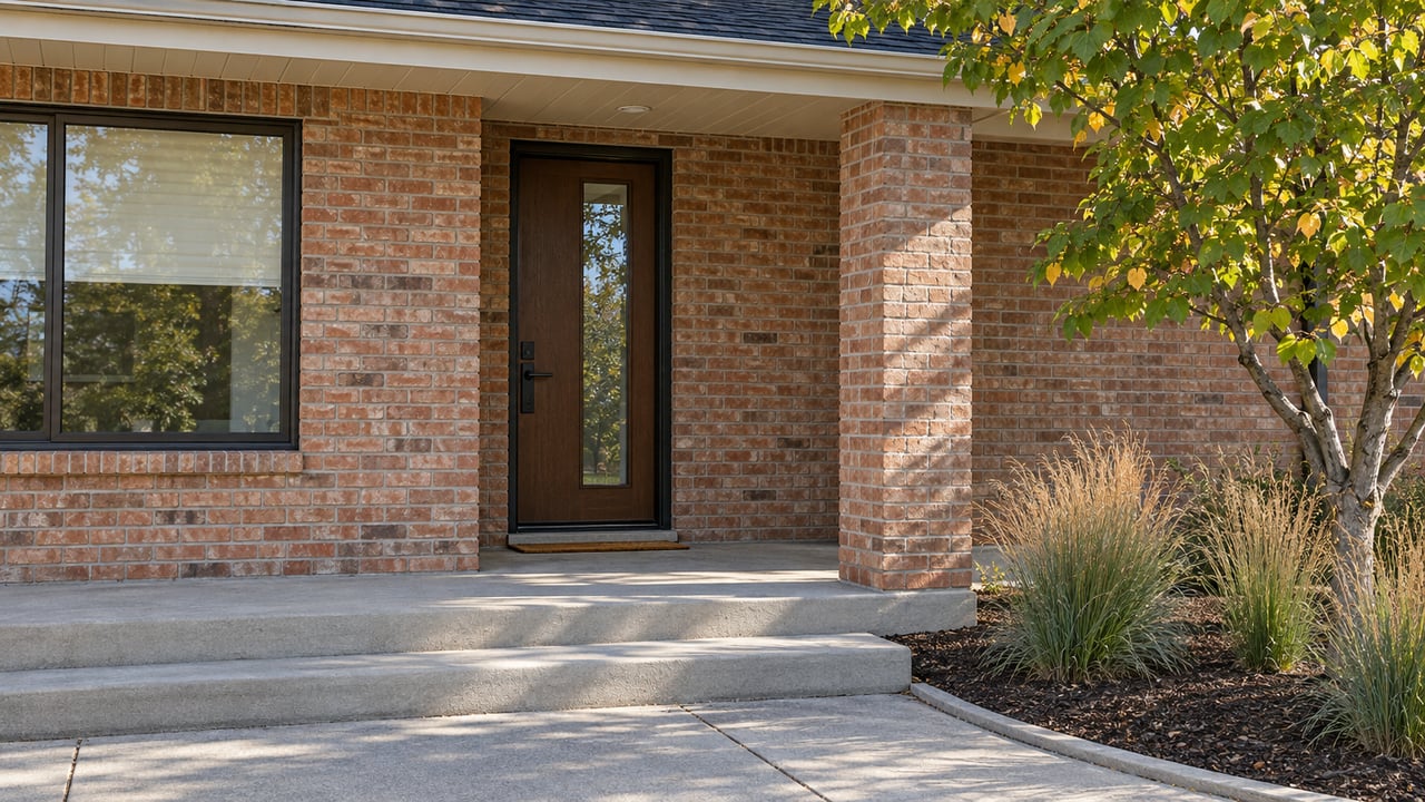 Sunlit brick home entry with an oak and glass front door, concrete steps, and a redbud beside tawny little bluestem.