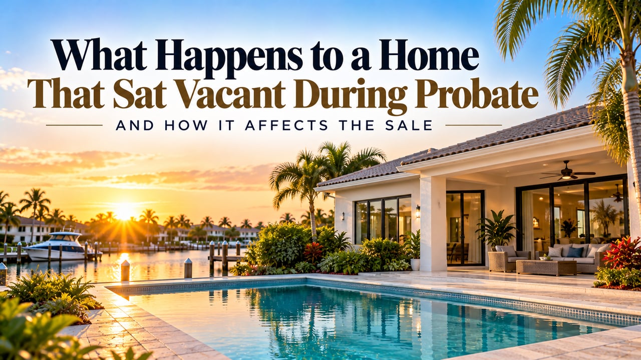 Vacant Southwest Florida waterfront estate home with a private pool, tropical landscaping, and canal views, illustrating how property maintenance, moisture prevention, insurance, and prolonged vacancy during Florida probate can affect a home's condition and resale value.