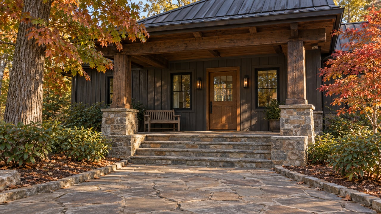 Autumn light across a stone approach and timber-covered porch of a wooded luxury home.