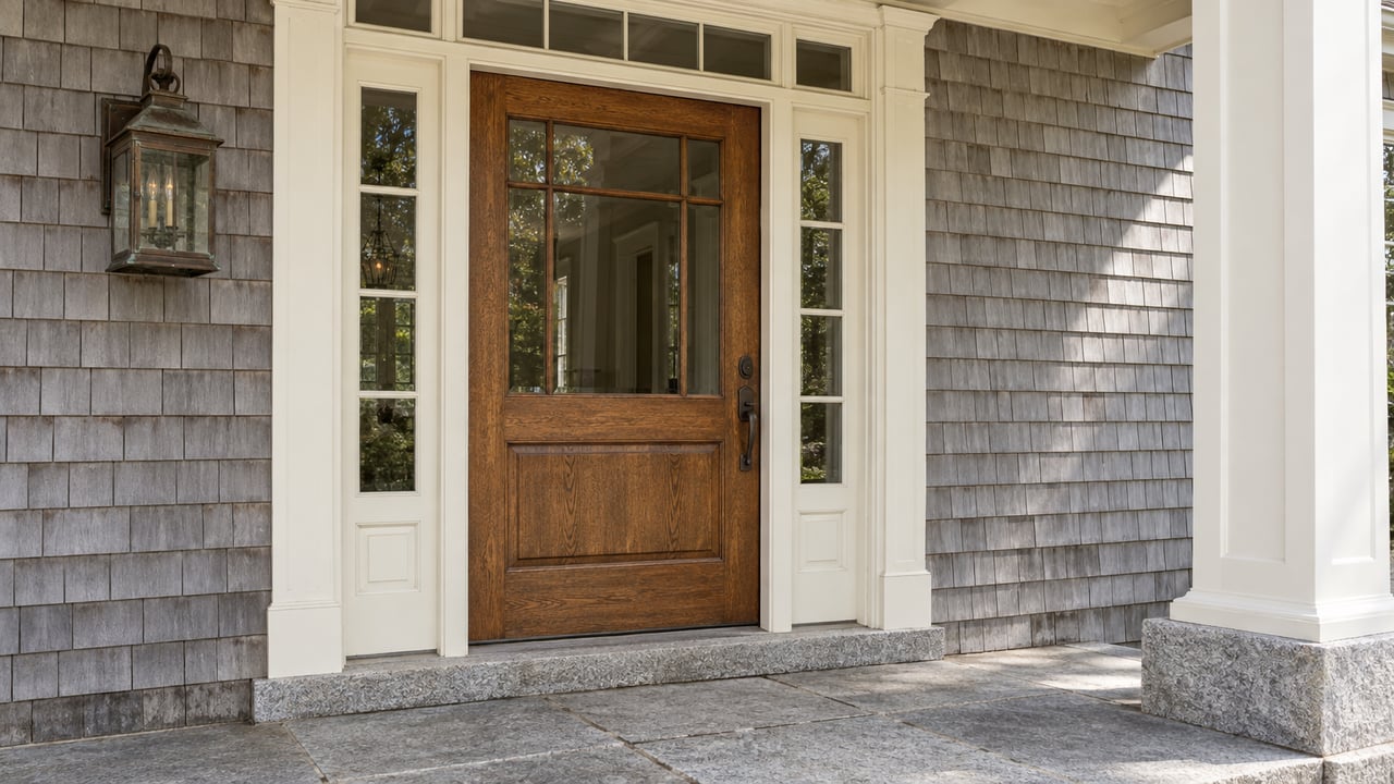 Home entrance with a dark wood-and-glass door, white trim, gray shingles, and stone paving.