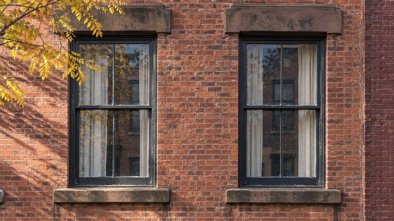 Two tall sash windows with weathered brownstone lintels and sills in a russet brick facade, edged by yellow autumn leaves.