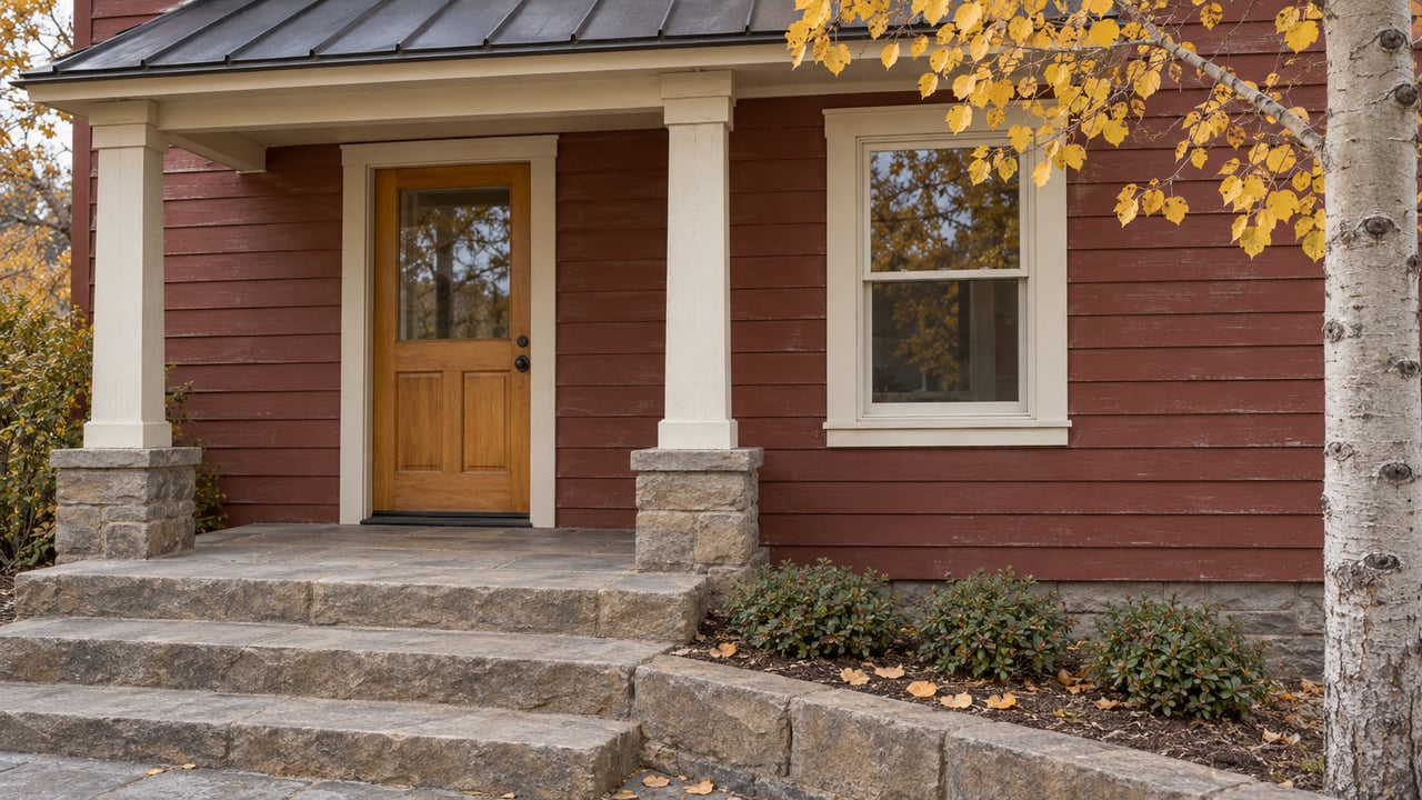 Red wood cottage entrance with sandstone steps, a sheltered timber porch and golden aspen leaves.