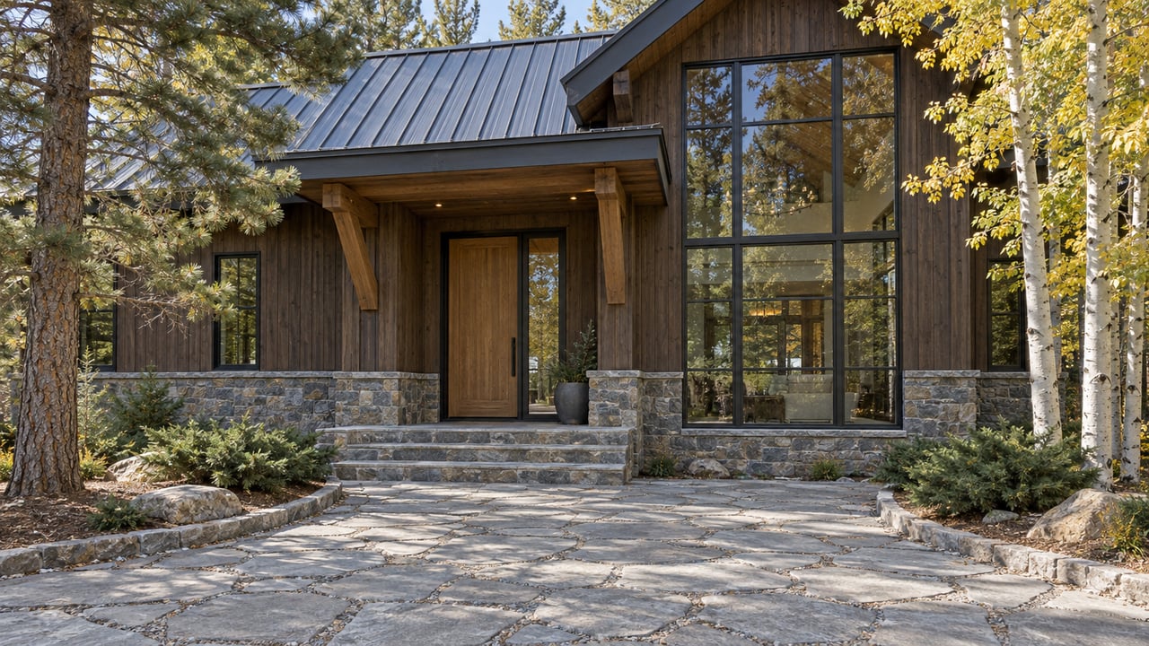 Timber-and-stone home with a steep metal roof, tall steel-framed windows and a stone entry approach edged by pine and yellow-leaved aspens.