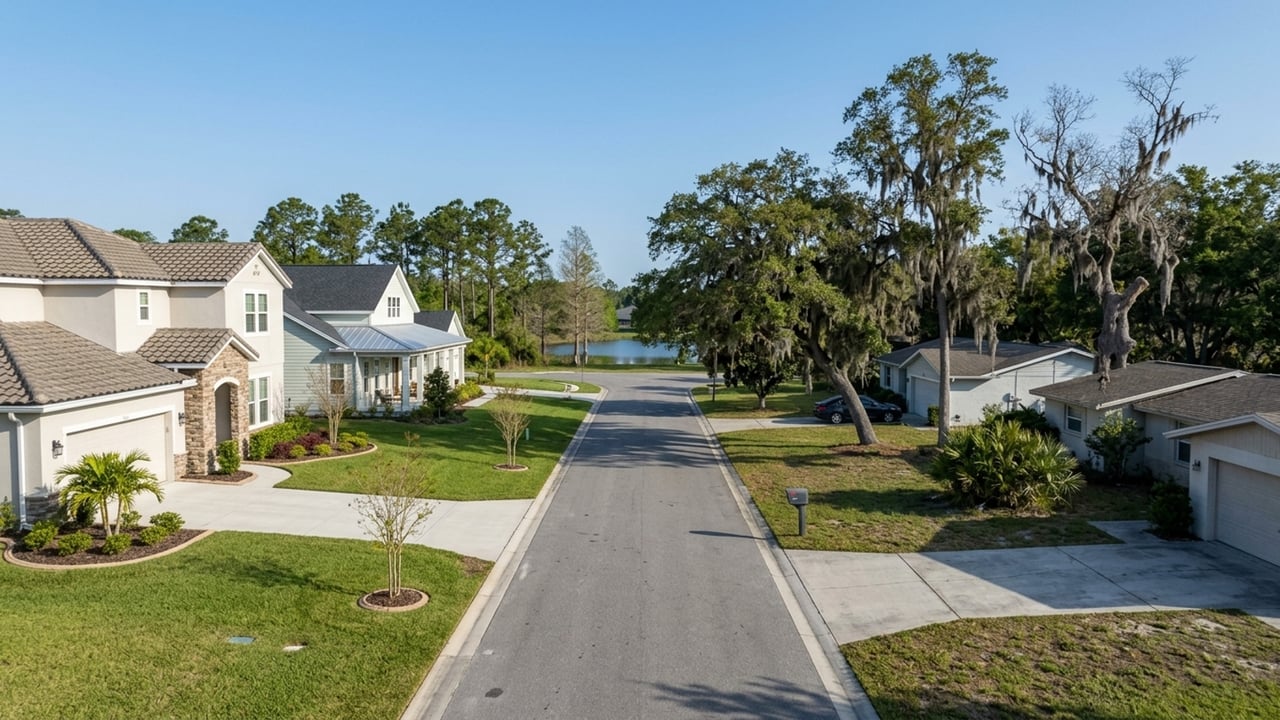 Residential street lined with homes and mature trees, with a lake at the end of the road.