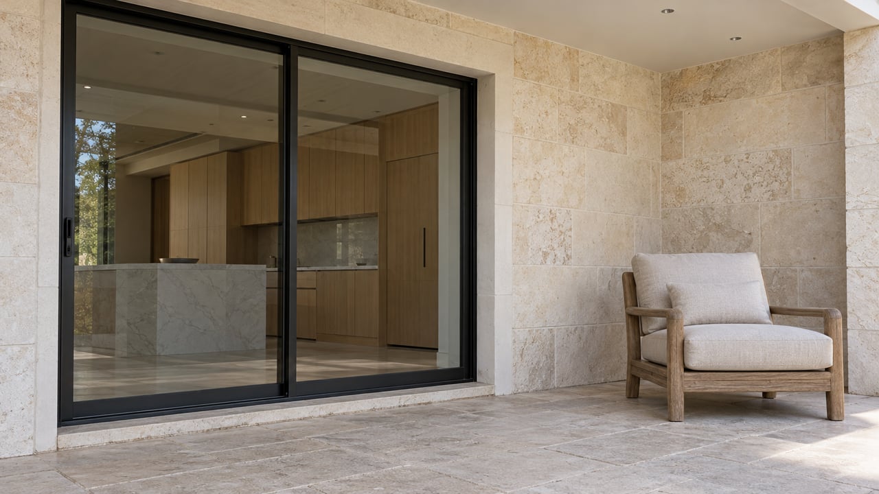 Covered limestone terrace with a teak lounge chair beside closed black-framed glass doors revealing oak cabinetry and a pale quartz counter.