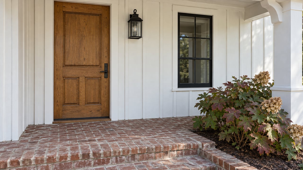 Oak front door and black divided-light window on a white covered porch, above a worn brick landing beside an oakleaf hydrangea.