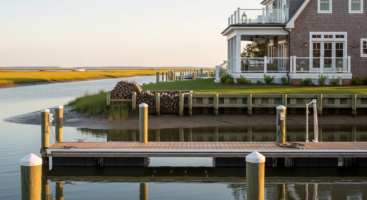 Shingled waterfront house beside a dock, with marsh grass and stacked firewood along an inlet.