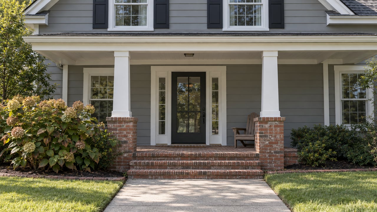 Gray lap-sided home with white porch columns, black shutters, brick steps and an oakleaf hydrangea beside the front walk.