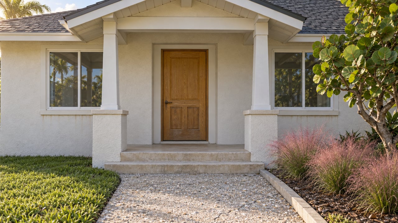 Light stucco bungalow entry with an oak door, paired windows, concrete porch steps and sea grape planting.