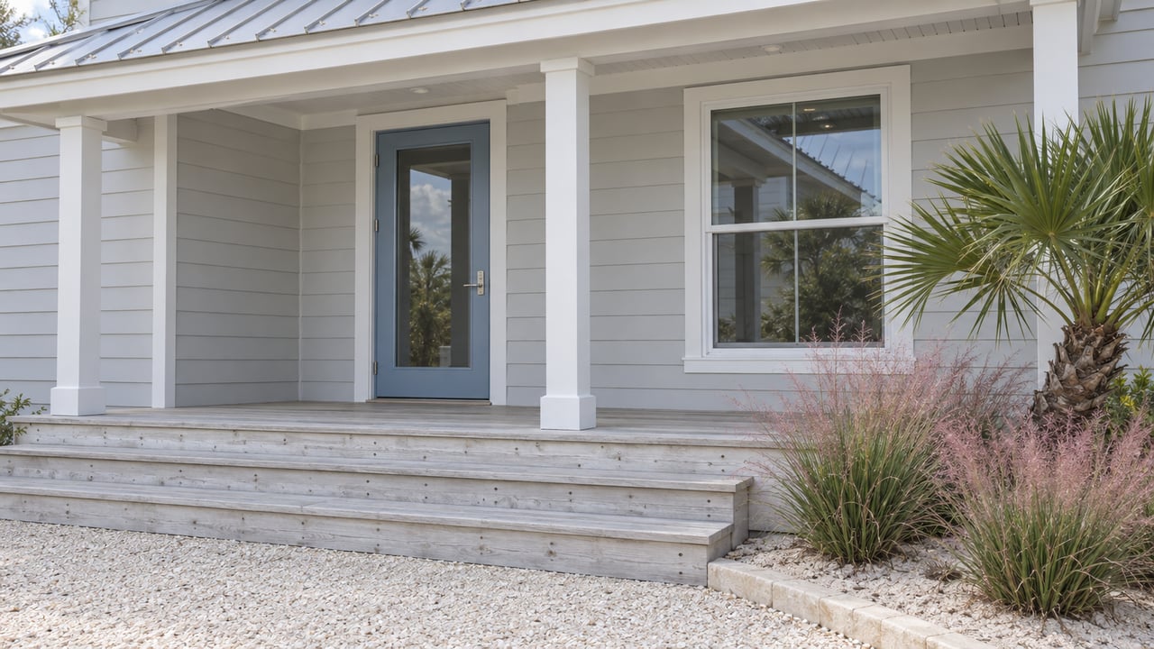 Light-sided cottage porch with a silver metal roof, blue-framed glass entry, weathered pale timber steps, and a shell approach beside a sculptural palm.