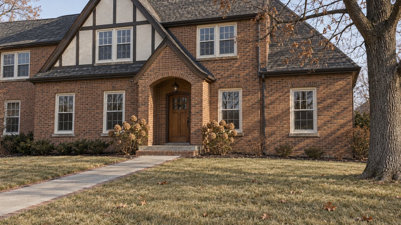 Late-autumn light on a brick two-story home, with a deep dormant lawn, diagonal concrete walk and bare oak branches.