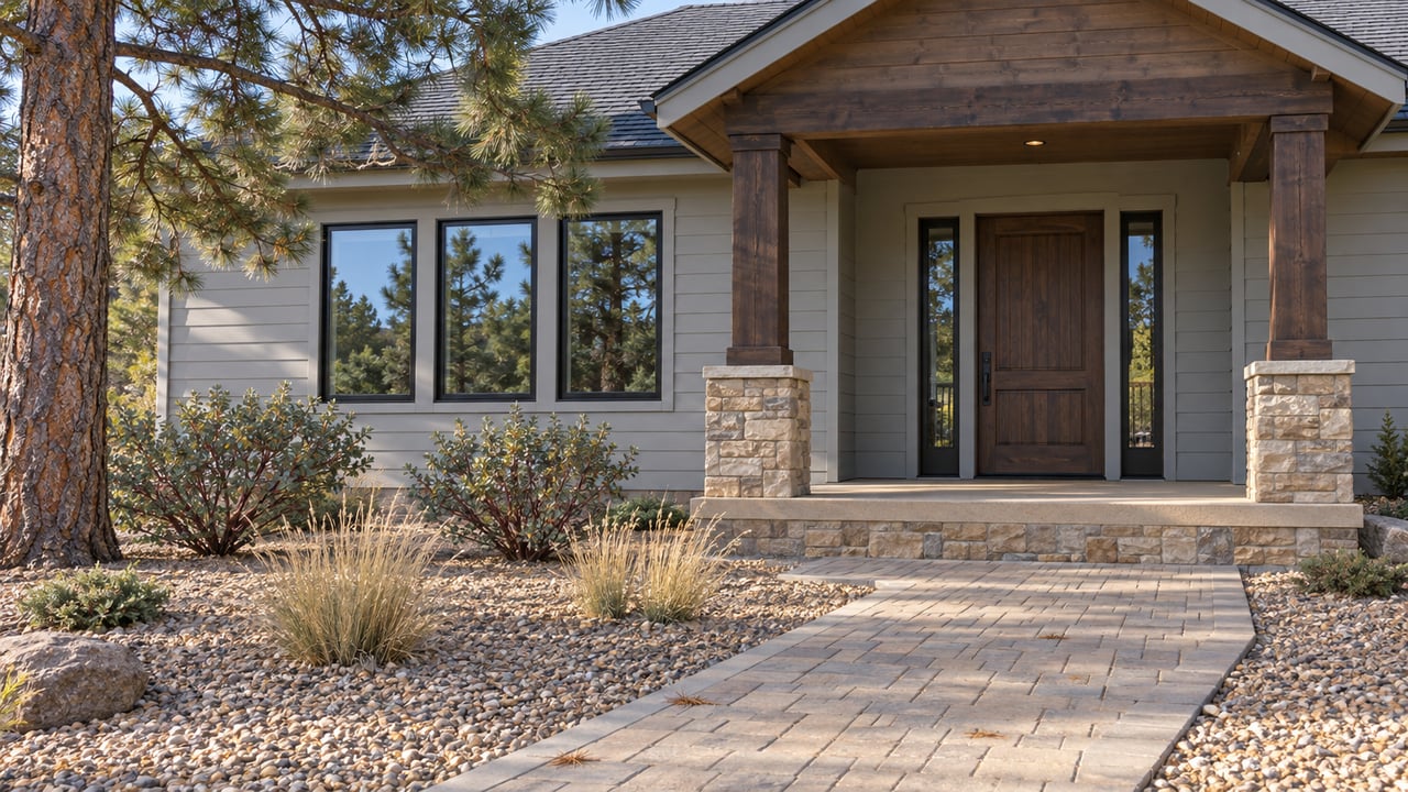 A pale gray ranch home with a timber porch, stone piers and a paver walk through a gravel garden beneath a mature pine.