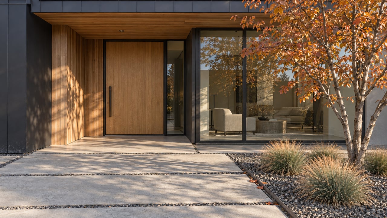 Autumn sunlight crosses a cedar-lined entry, charcoal metal facade, and concrete approach beside a copper-leaved serviceberry.
