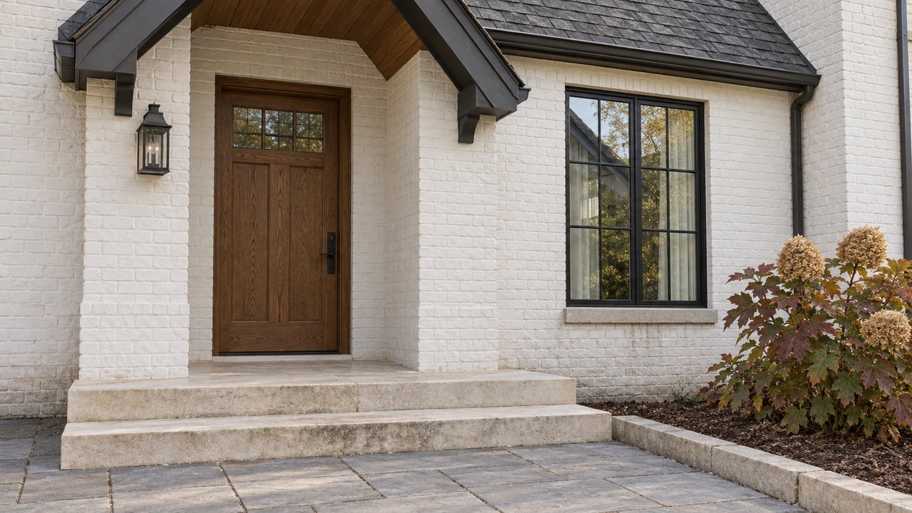 Covered white-brick home entry with an oak door, black-framed window, limestone steps and an oakleaf hydrangea.