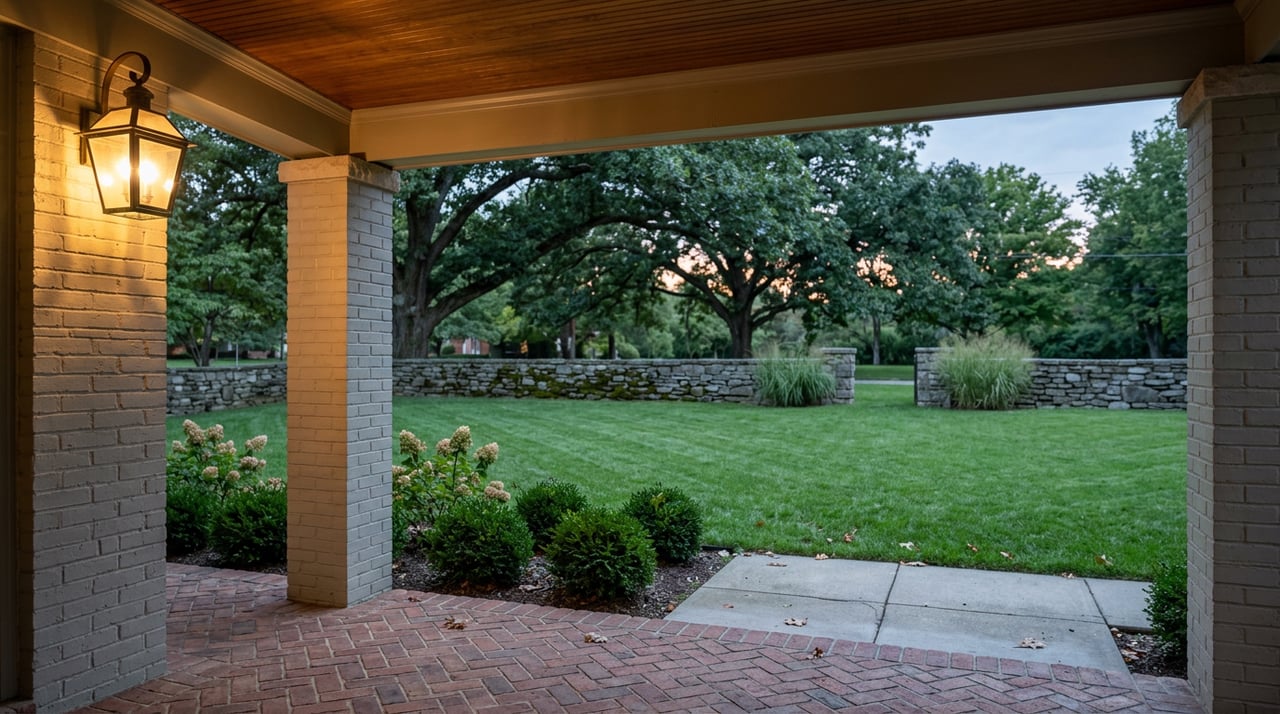 Brick porch frames a dusk lawn beneath an oak canopy, with a glowing bronze lantern overhead.