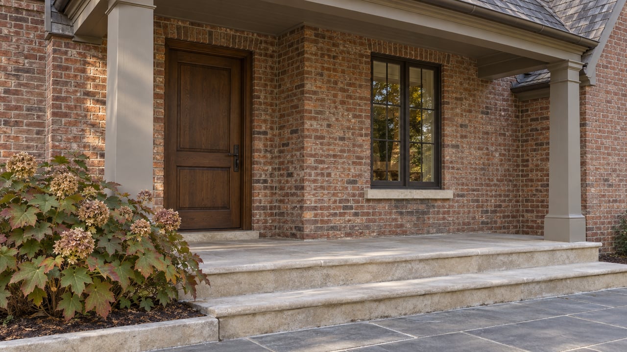 Brick house entry with a recessed timber door, divided-light window, limestone steps, and oakleaf hydrangea.