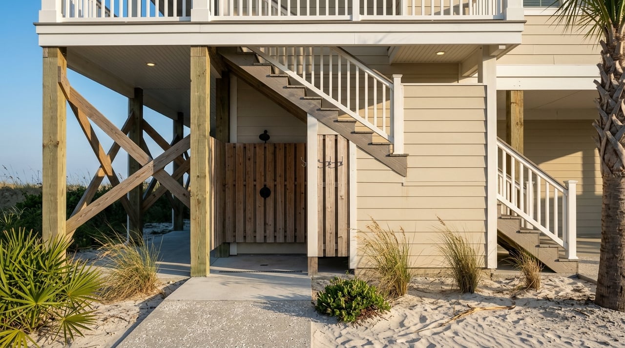 Elevated entry stairs beside an outdoor shower, with dune plants against the house.