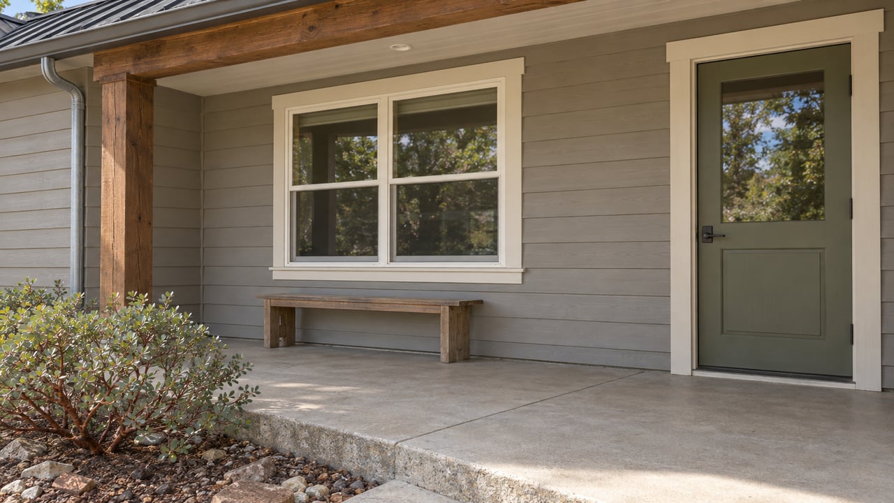 Covered porch of a single-story home with gray wood siding, an olive glazed door, a timber bench and a manzanita beside the concrete edge.