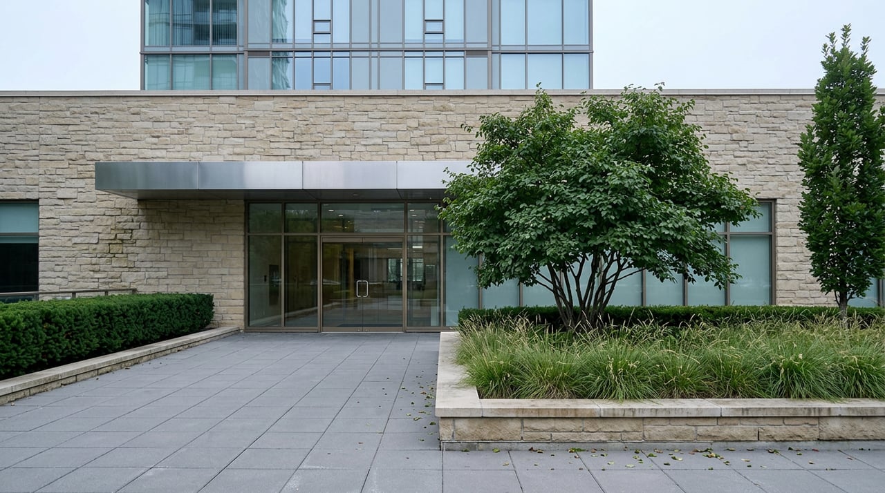 Condo entrance with glass lobby, stone podium, canopy, and landscaped plaza with serviceberry trees.