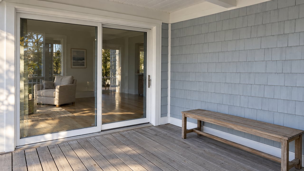 Closed sliding glass doors and pale blue-gray cedar shingles on a covered upper porch with silvered decking and a teak bench.