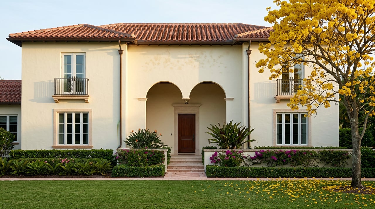 Cream stucco home with arched loggia, red tile roof, and golden-blooming tree beside formal garden.