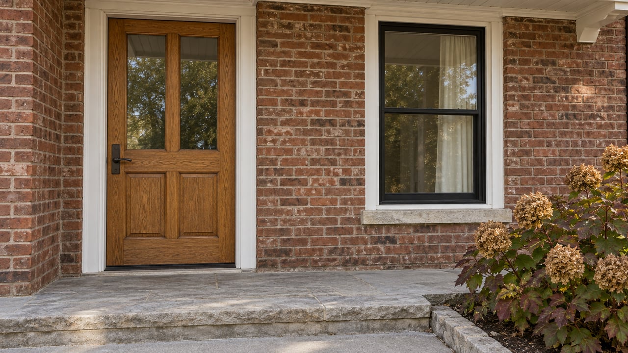Brick home entrance with an oak door, black-framed window, limestone steps and autumn oakleaf hydrangea.