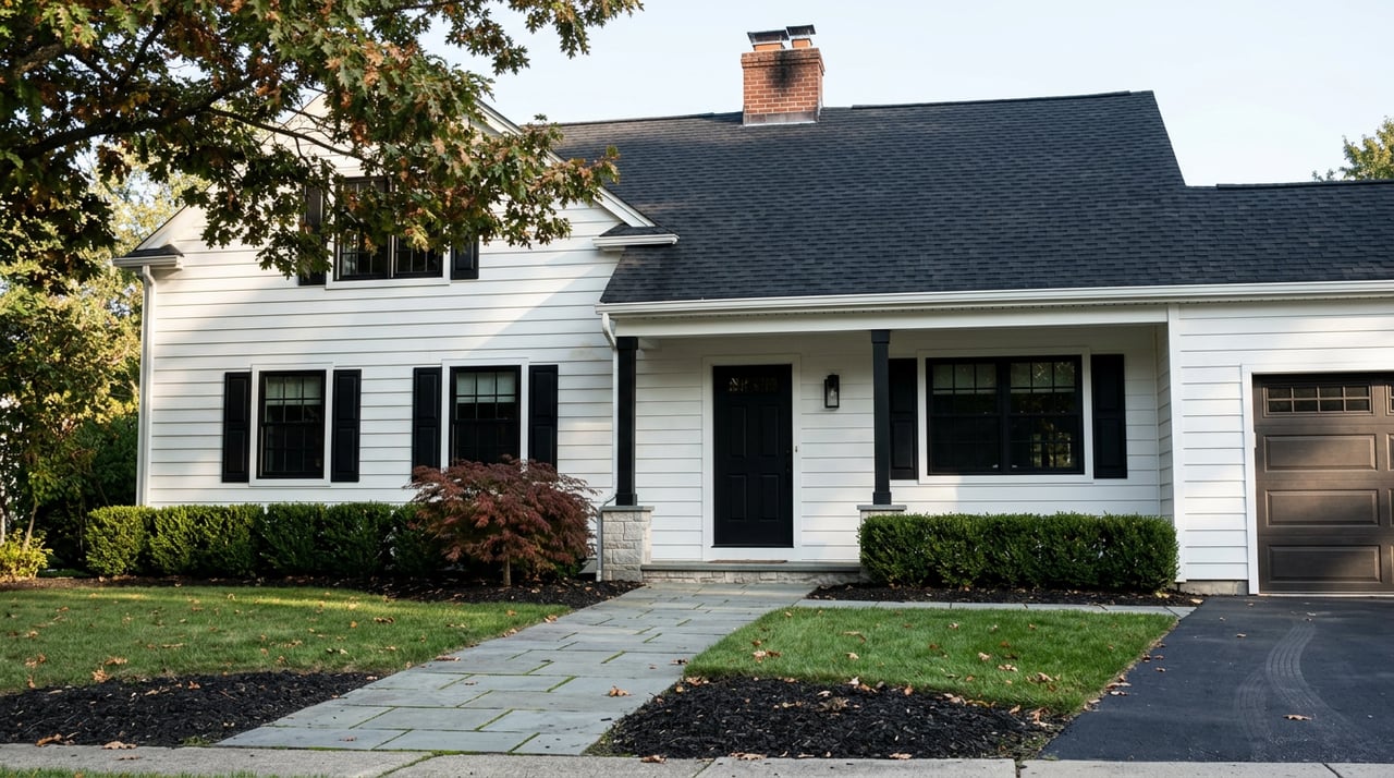 Two-story white-sided home with black shutters, stone-based porch columns, red brick chimney, and early-autumn trees.