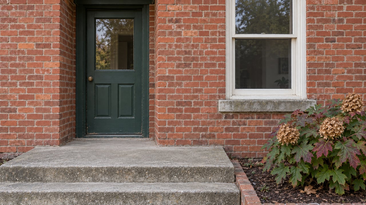 Red brick home entrance with a deep green door, painted wood window, weathered concrete steps and autumn oakleaf hydrangea.