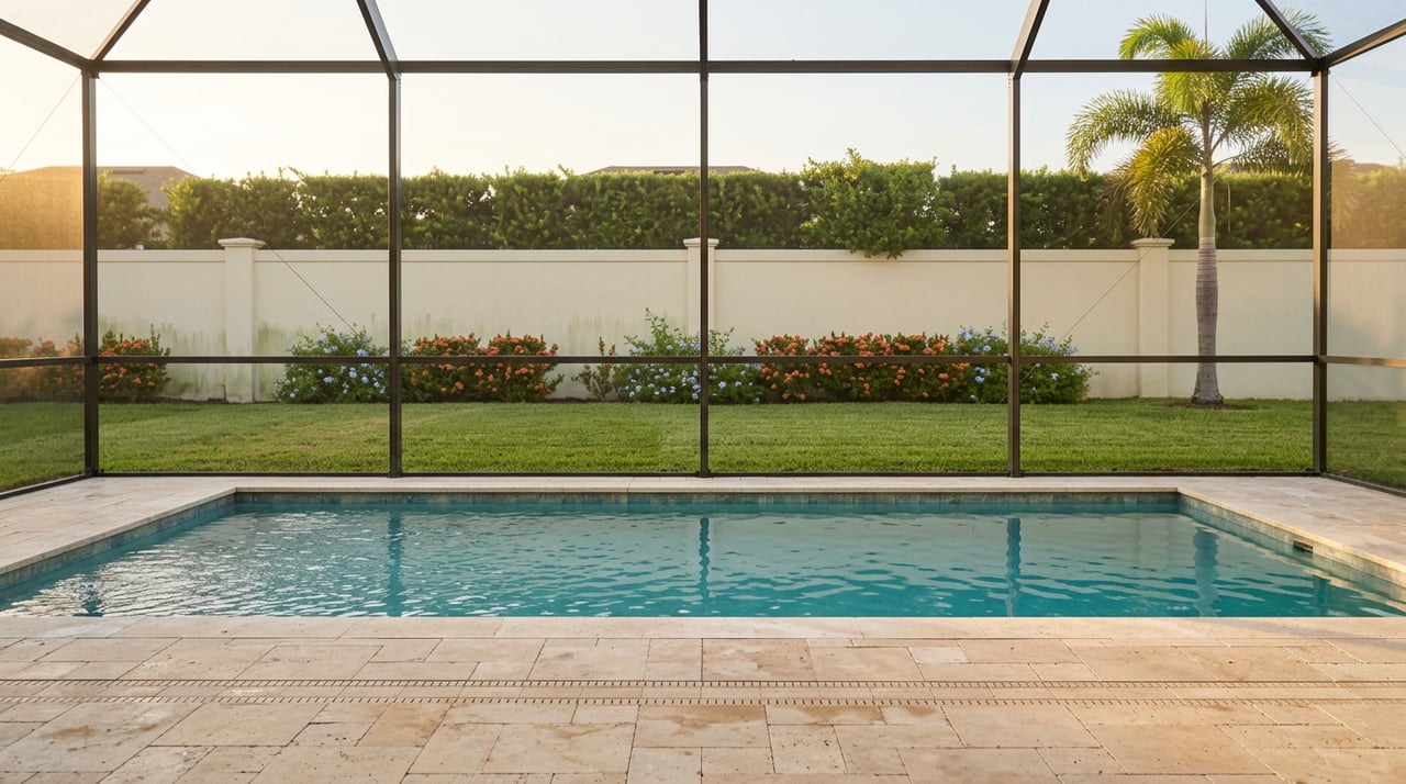 Screened lanai overlooks a turquoise pool, trimmed lawn, cream stucco wall, and foxtail palm.