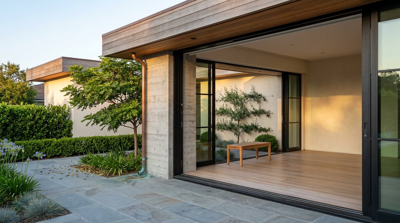 Open black-framed glass doors beside an ivory stucco wall, with bluestone paving, oak decking, and garden plantings.