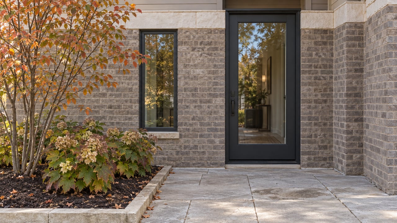 Closed glazed entry in a warm gray brick facade, beside a narrow window and autumn planting.
