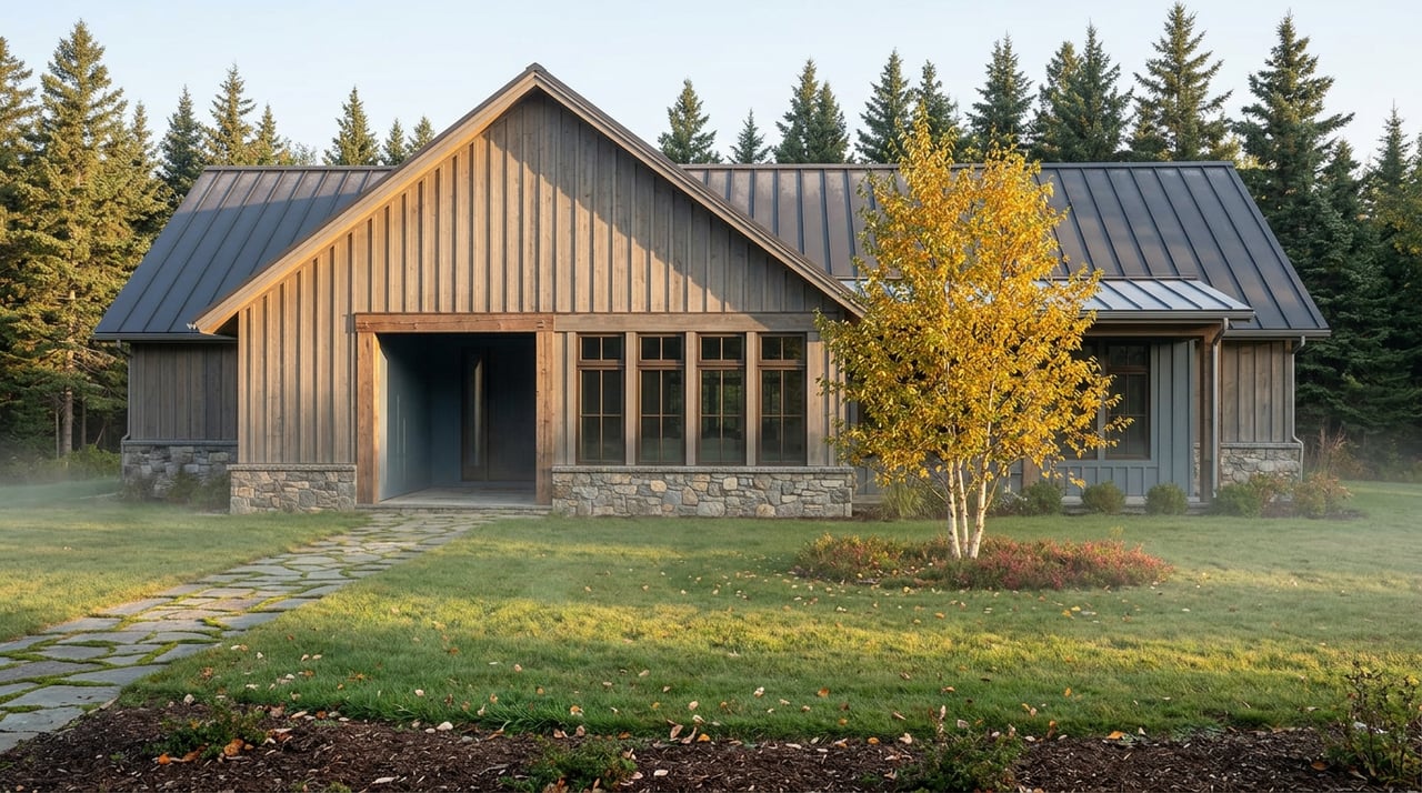 Timber-and-stone house beyond a misty lawn, with a flagstone path and golden birch tree.