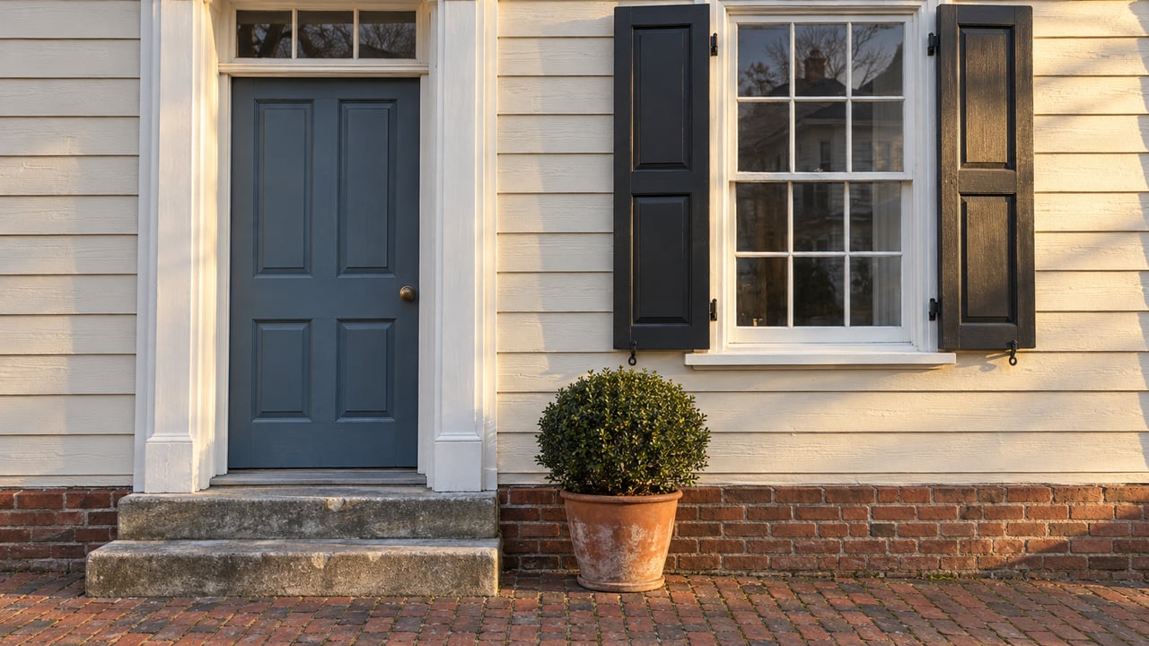 Cream clapboard home with a blue paneled door, paired black window shutters, stone steps and a terracotta planter beside a brick path.