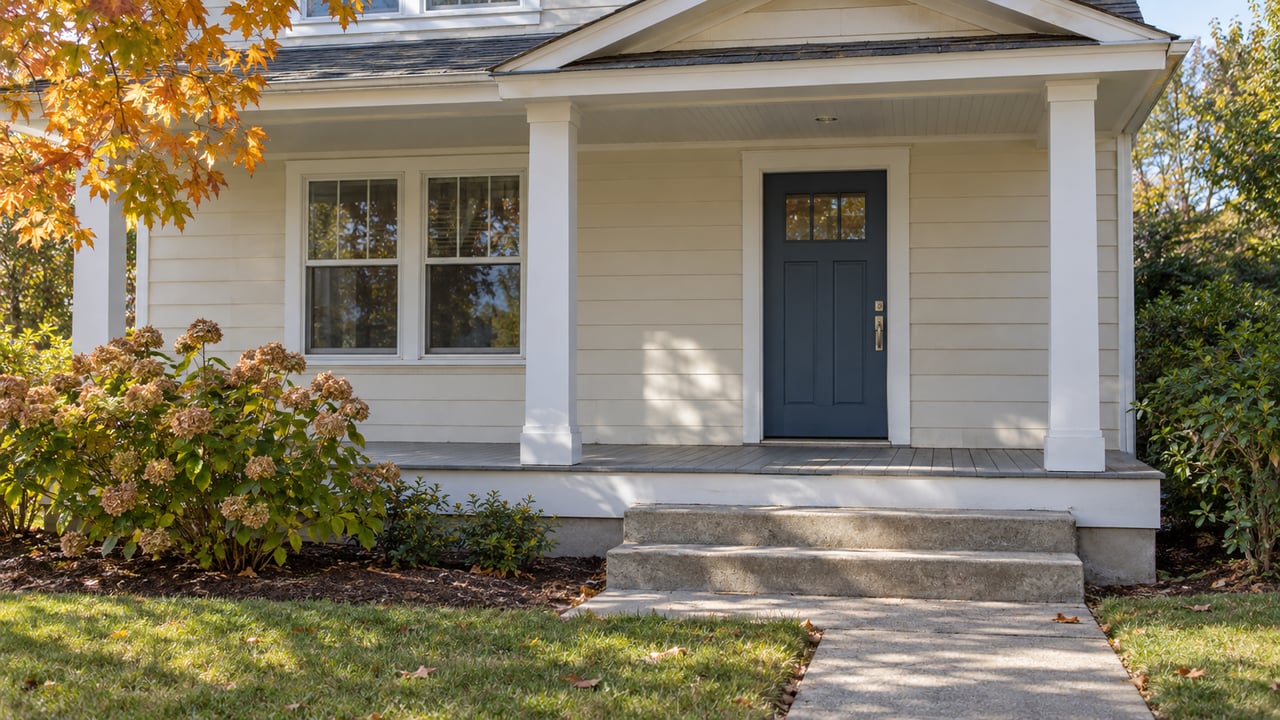 Cream-sided home with a blue front door, paired sash windows, weathered concrete steps and autumn hydrangea beside the porch.