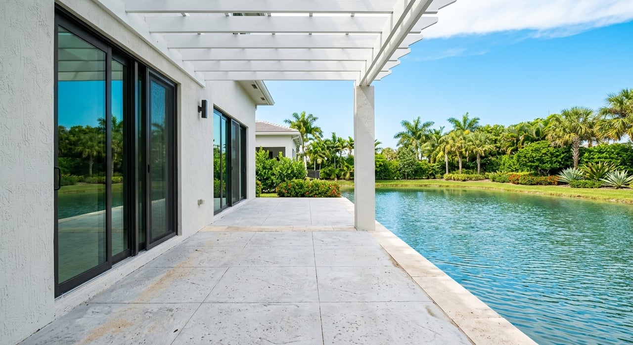 Lakeside terrace with bronze sliding doors, pale stone pavers, coral flowers, and turquoise water beyond.