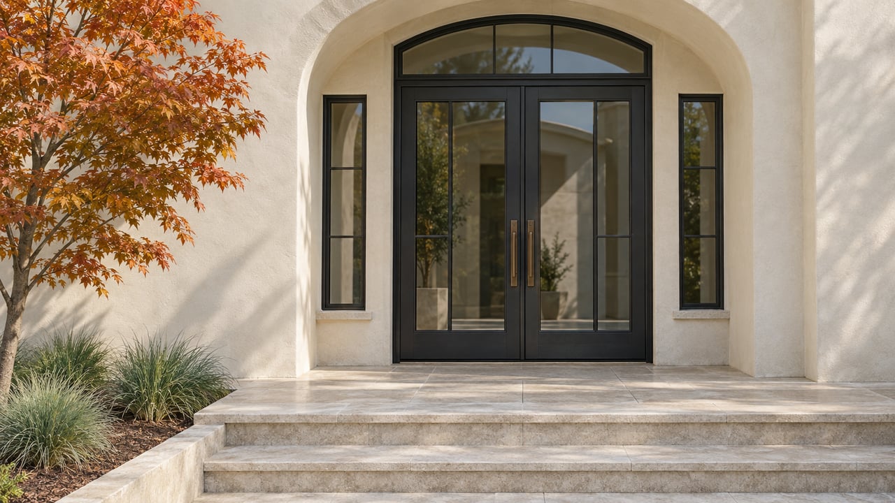 Ivory stucco arched entry with paired black steel-glazed doors, worn limestone steps, and copper-orange maple leaves.