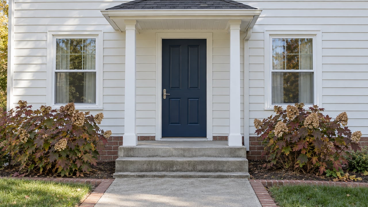 White clapboard home with a navy entry door, concrete porch steps, red-brown brick foundation and autumn oakleaf hydrangeas.