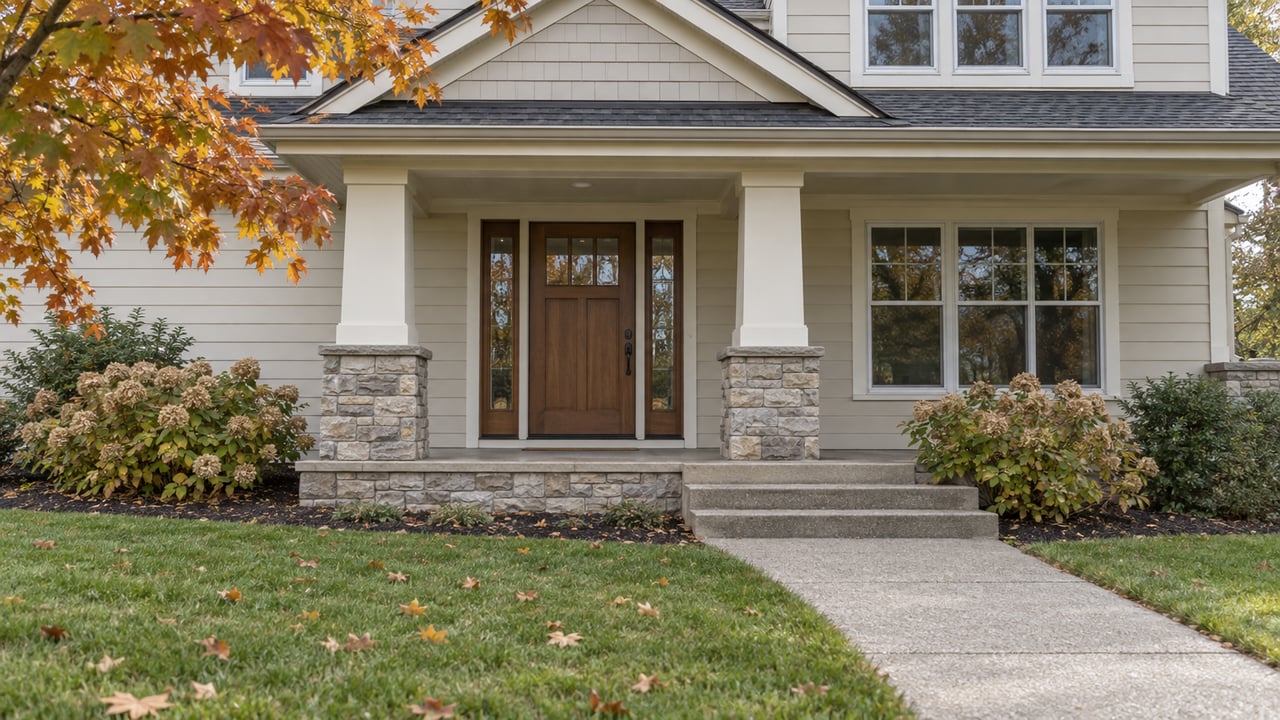 Covered entry of a cream-sided home with limestone column bases, a warm wood door and golden maple leaves beside a broad concrete approach.