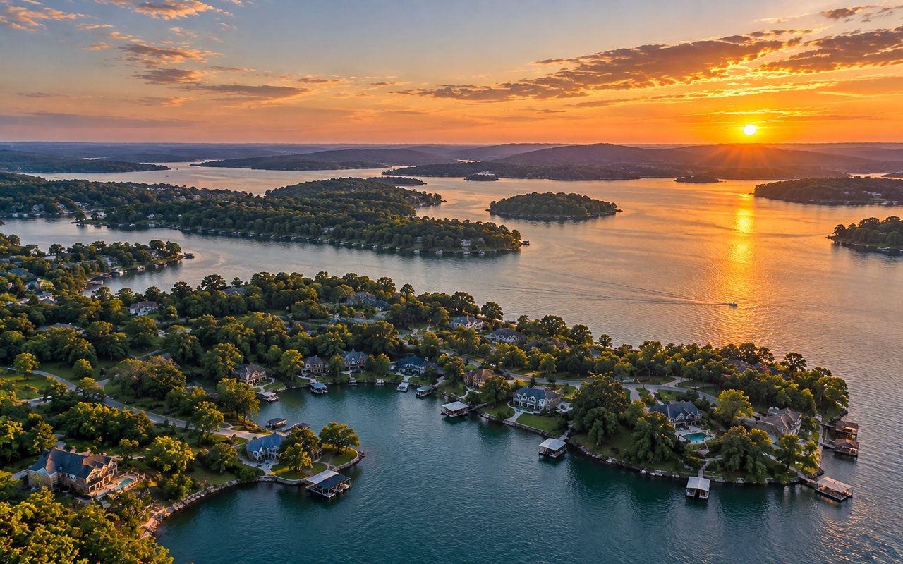 Waterfront homes along a winding lake, viewed from above at sunset.