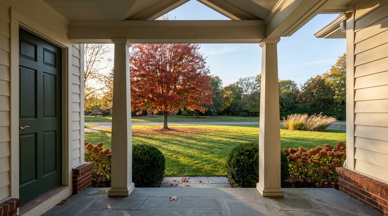 Covered portico frames a deep lawn and scarlet-orange maple, with autumn leaves scattered on the bluestone steps.