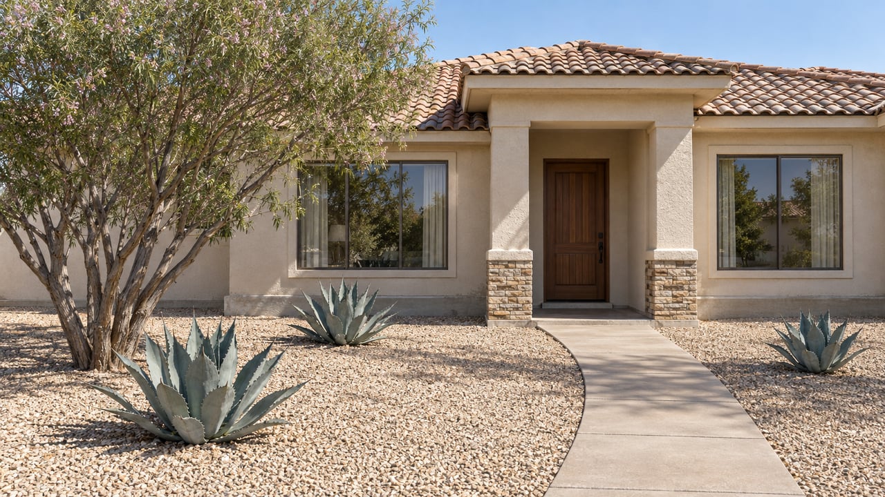 A single-story stucco home with a clay tile roof, recessed entry, desert willow and agaves beside a curved concrete walk.