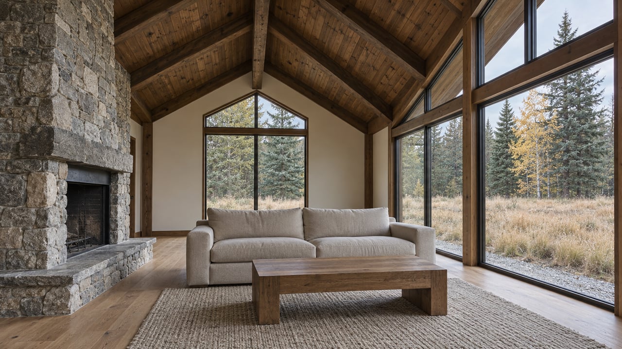 Timber-ceiling living room with a stone fireplace, wool sofa and large windows overlooking autumn grasses and trees.