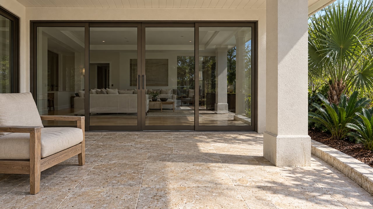 Sunlit limestone terrace with a teak chair, white stucco column, bronze-framed glass doors and sculptural native planting.