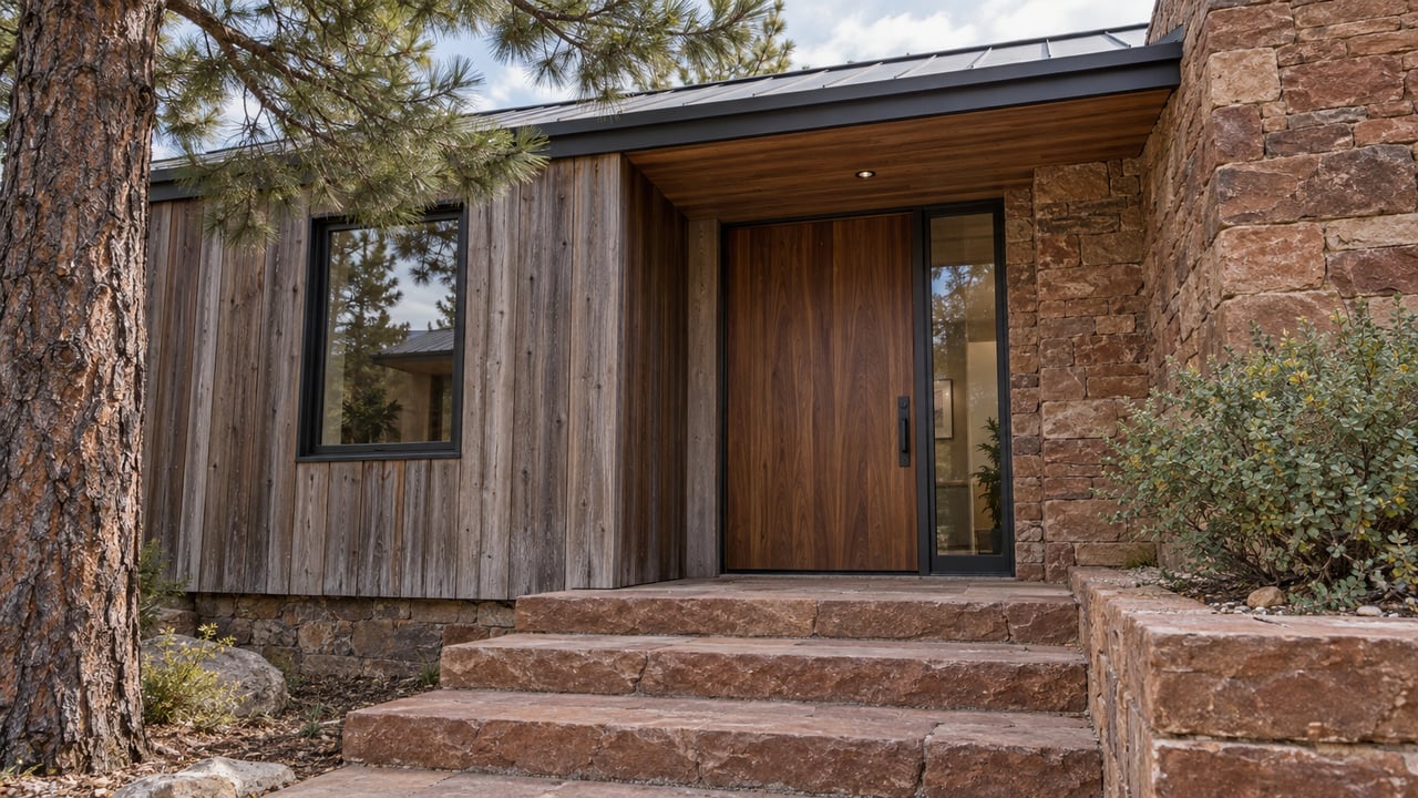 Hillside home entry with cedar siding, a recessed walnut door, sandstone walls, broad steps, and a raised planter.