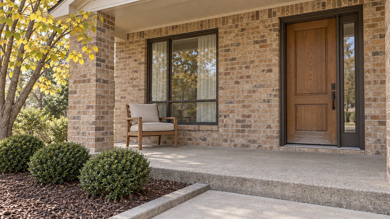 Covered buff-brick front porch with an oak door, bronze-framed window, one outdoor chair and yellowing redbud branches.