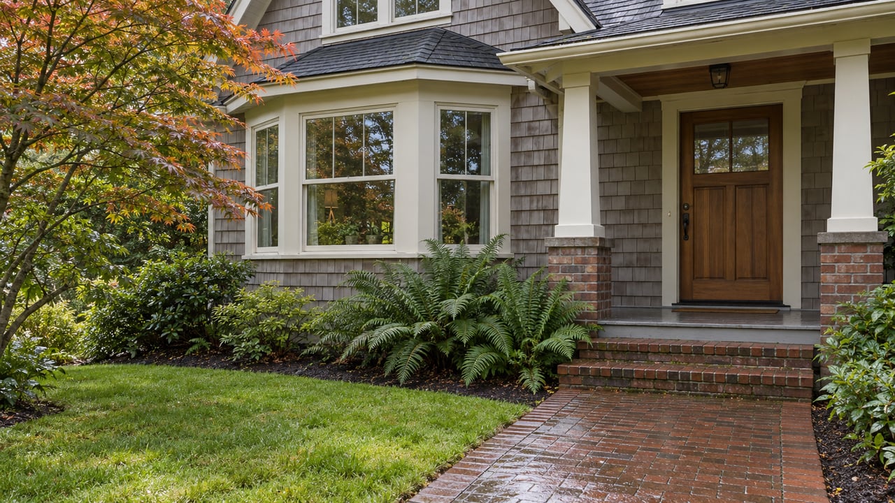 Cedar-shingled home with an ivory-trimmed bay window, covered fir-door entry, damp brick approach and a vine maple beside the lawn.
