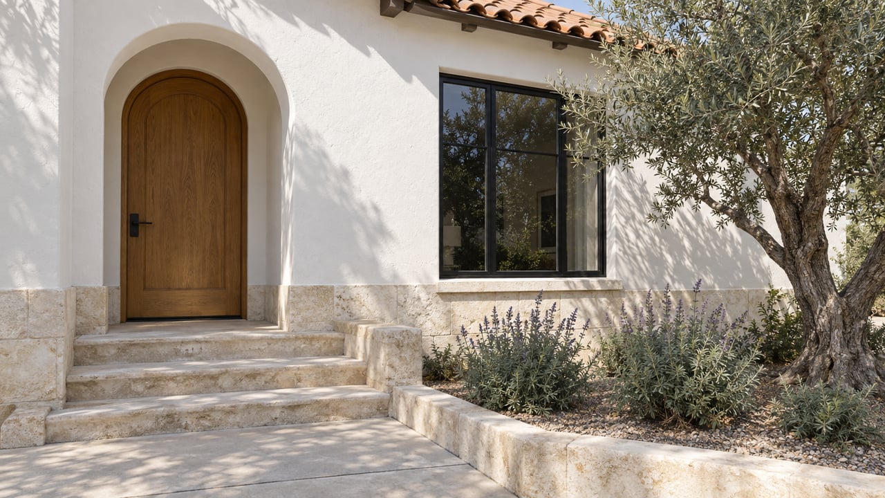 Sunlit white stucco home entrance with an arched oak door, limestone steps, a black-framed window and an olive tree.