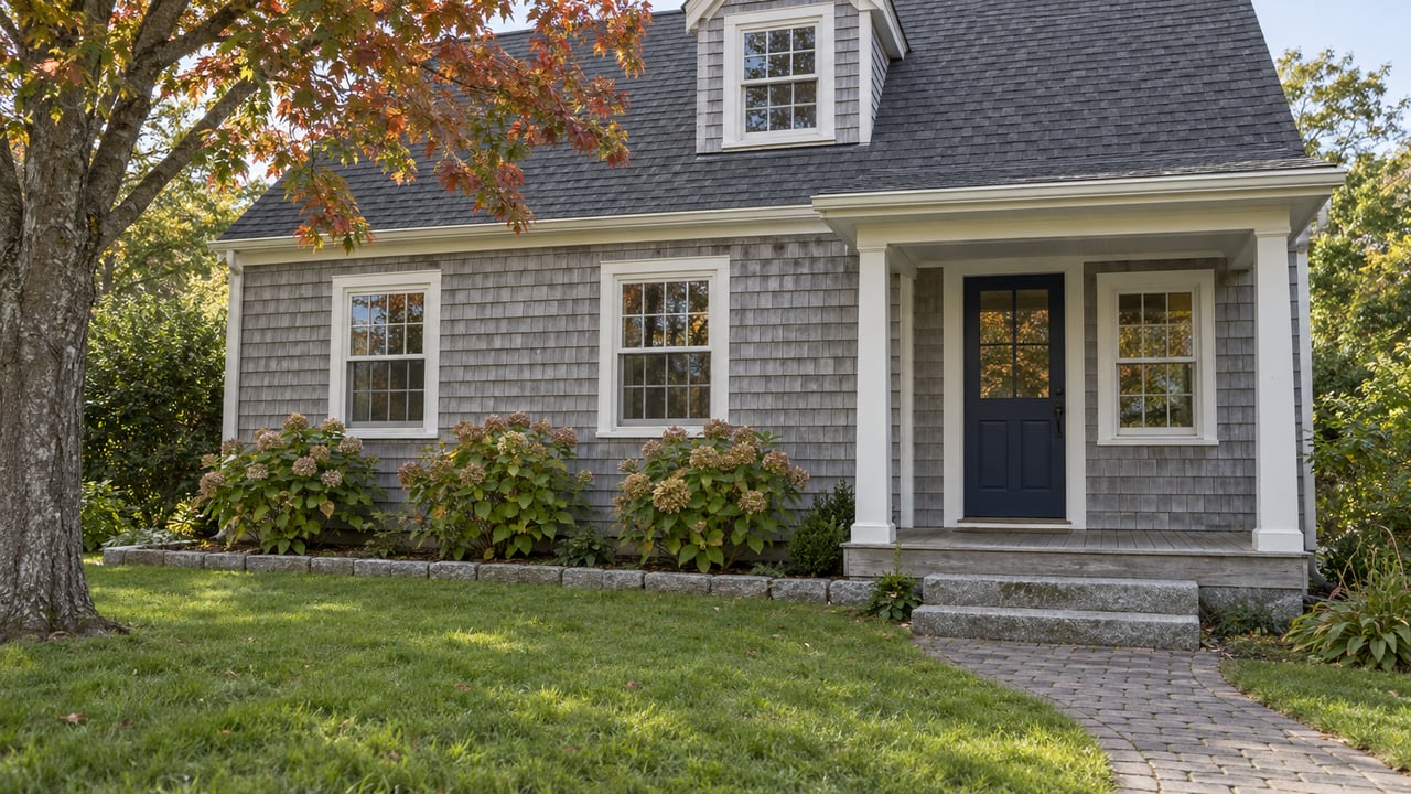 Weathered cedar-shingled house with divided-light windows, a navy entry door, granite steps and fading hydrangeas in early autumn.