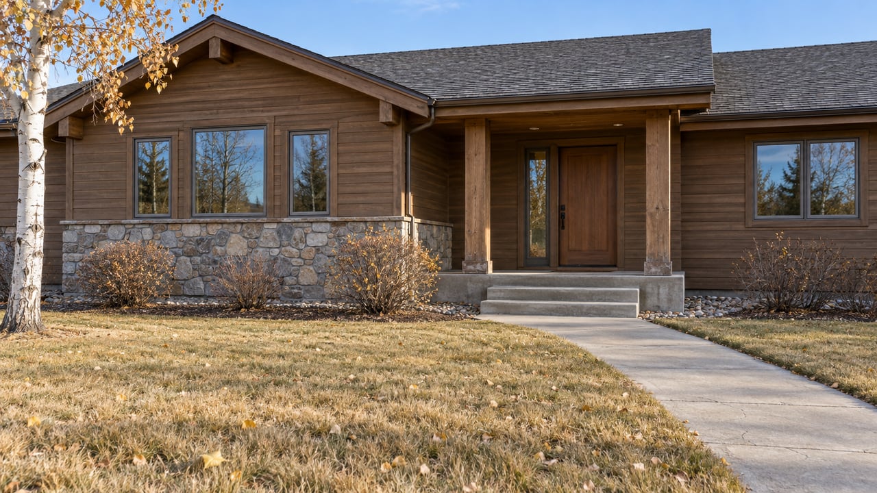 Autumn light on a single-story wood-and-stone home with a deep front lawn, timber porch posts and an aspen tree.